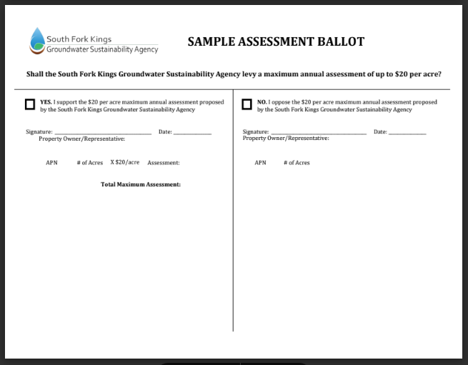 South Fork Kings GSA Upcoming Landowner Vote 2023 Sample Ballot